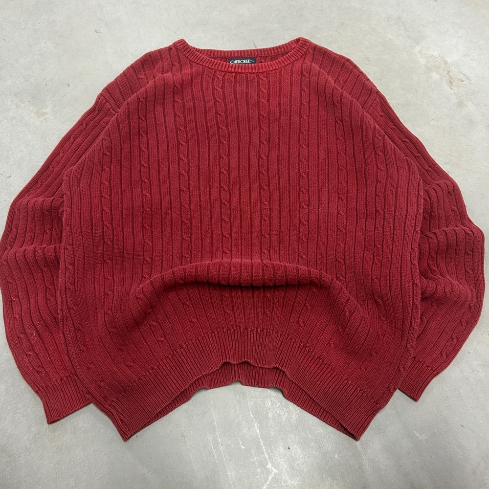 Cherokee Mens Red Cable Knit Cotton Crewneck Sweater Large Long Sleeve j108